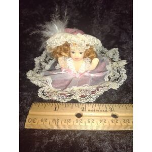 Vintage Tiny Porcelain Doll Mauve Dress w/ Lace Cottage Granny Core Victorian